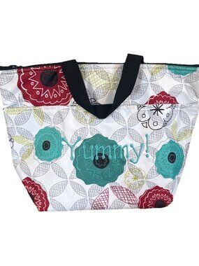 Thirty-One Insulated Floral Lunch Tote Bag White Red Teal Black Zipper “Yummy”